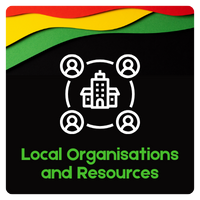 Black button with text that reads "Local Organisations and Events" and an icon of a building and people