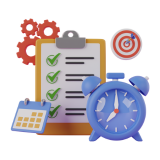 A checklist, clock, and target icon